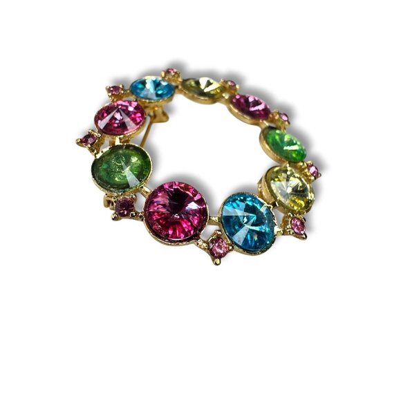 Alex & Ani Colorful Gold-Tone Circle Rhinestone Brooch Signed Uranium Glass Glow - Picture 13 of 13